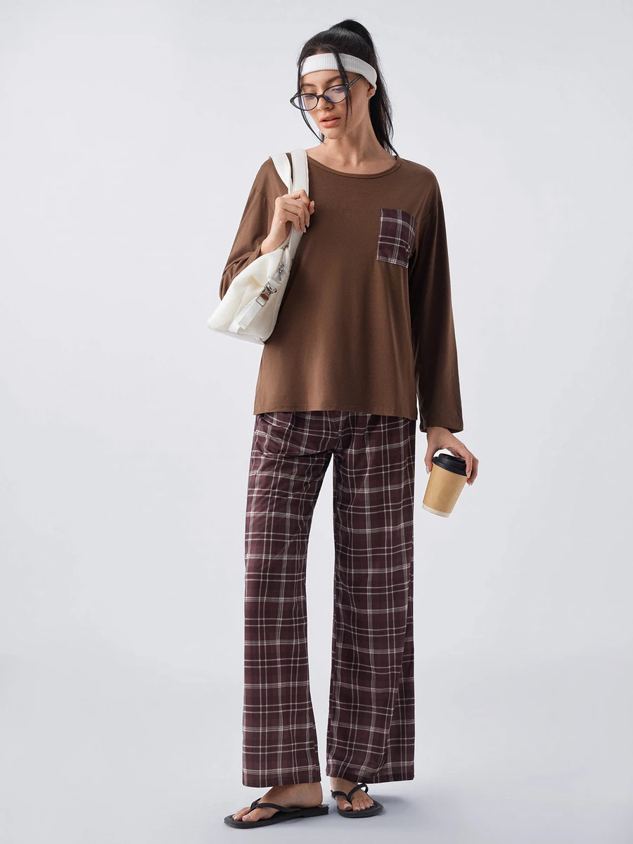 Loungeista Women's Casual Loose Plaid Print Round Neck Pajama Set - Coffee Brown - View 1
