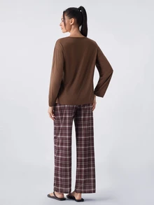 Loungeista Women's Casual Loose Plaid Print Round Neck Pajama Set - Coffee Brown - View 2
