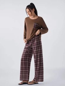 Loungeista Women's Casual Loose Plaid Print Round Neck Pajama Set - Coffee Brown - View 3