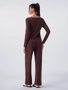 Loungeista Women Spaghetti Strap Lace Patchwork 2 In 1 Cardigan Long Sleeve Pajama Set - Chocolate Brown - View 2