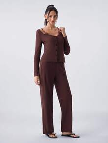 Loungeista Women Spaghetti Strap Lace Patchwork 2 In 1 Cardigan Long Sleeve Pajama Set - Chocolate Brown - View 4