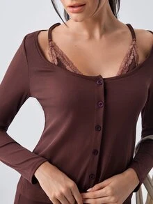 Loungeista Women Spaghetti Strap Lace Patchwork 2 In 1 Cardigan Long Sleeve Pajama Set - Chocolate Brown - View 8