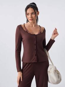 Loungeista Women Spaghetti Strap Lace Patchwork 2 In 1 Cardigan Long Sleeve Pajama Set - Chocolate Brown - View 7