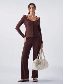 Loungeista Women Spaghetti Strap Lace Patchwork 2 In 1 Cardigan Long Sleeve Pajama Set - Chocolate Brown - View 6
