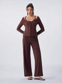 Loungeista Women Spaghetti Strap Lace Patchwork 2 In 1 Cardigan Long Sleeve Pajama Set - Chocolate Brown - View 5