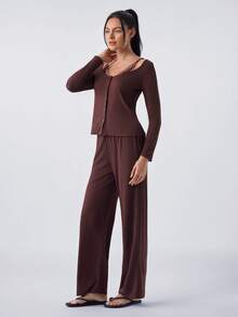 Loungeista Women Spaghetti Strap Lace Patchwork 2 In 1 Cardigan Long Sleeve Pajama Set - Chocolate Brown - View 3