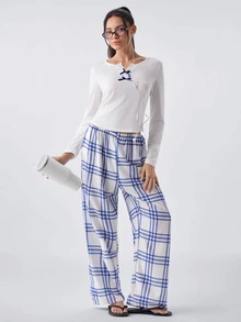 Loungeista Women's Casual Ribbed Solid Color Top And Plaid Print Pants Pajama Set, Fall & Winter Clothes - White - View 1