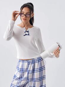 Loungeista Women's Casual Ribbed Solid Color Top And Plaid Print Pants Pajama Set, Fall & Winter Clothes - White - View 5