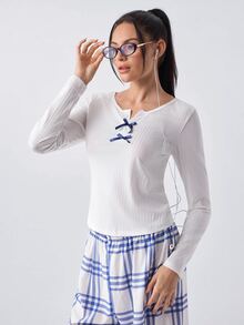 Loungeista Women's Casual Ribbed Solid Color Top And Plaid Print Pants Pajama Set, Fall & Winter Clothes - White - View 6