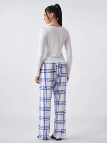 Loungeista Women's Casual Ribbed Solid Color Top And Plaid Print Pants Pajama Set, Fall & Winter Clothes - White - View 2