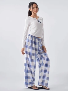 Loungeista Women's Casual Ribbed Solid Color Top And Plaid Print Pants Pajama Set, Fall & Winter Clothes - White - View 4