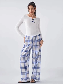 Loungeista Women's Casual Ribbed Solid Color Top And Plaid Print Pants Pajama Set, Fall & Winter Clothes - White - View 3