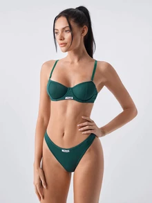Loungeista 2pcs Set Underwire 1/2 Cup Lift & Gather Minimalist Comfortable High Elasticity High Support Women's Bra Set - Dark Green - View 4