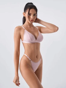 Loungeista Women's Simple Solid Color Lace Trim Bra And Panty Set  For Everyday Wear Casual Without Padding - Pink - View 5