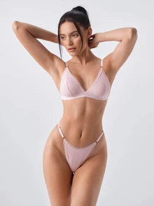 Loungeista Women's Simple Solid Color Lace Trim Bra And Panty Set  For Everyday Wear Casual Without Padding - Pink - View 3