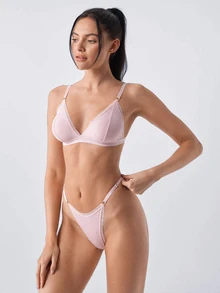 Loungeista Women's Simple Solid Color Lace Trim Bra And Panty Set  For Everyday Wear Casual Without Padding - Pink - View 4