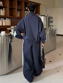 SHEIN 青少年女孩秋季套裝，拼色拉鍊夾克與寬腿長褲兩件套，寬鬆版型拼色設計，海軍藍 + 淺薄荷綠 - 藏蓝色 - 查看 2