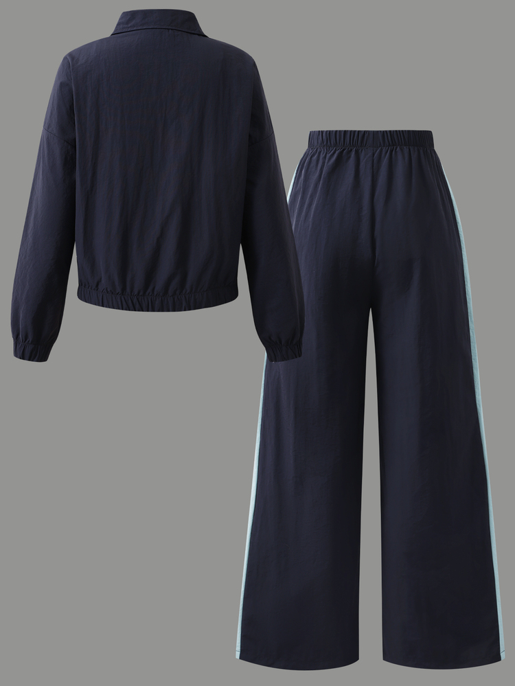 SHEIN Teen Girls Fall Outfits Colorblock Zip-Up Jacket And Wide Leg Pants 2-Piece Set, Loose Fit Colorblock Design, Navy + Light Mint Green - Navy Blue - View 5