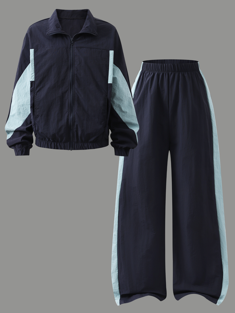 SHEIN Teen Girls Fall Outfits Colorblock Zip-Up Jacket And Wide Leg Pants 2-Piece Set, Loose Fit Colorblock Design, Navy + Light Mint Green - Navy Blue - View 4