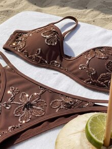 Bonvoyette Women's Sexy Tropical Beach Party Vacation Swimwear Set Brown Summer - Brown - View 4