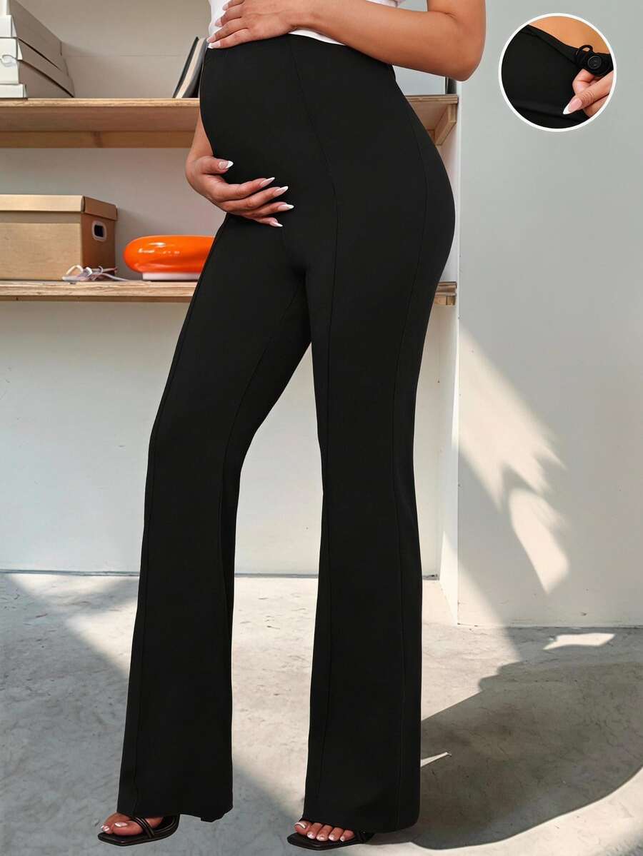 MaterniWear Solid Color Maternity Flare Pants With Adjustable Waist Fall - Black - View 1