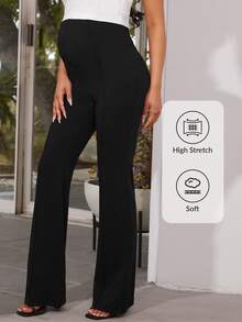 MaterniWear Solid Color Maternity Flare Pants With Adjustable Waist Fall - Black - View 5