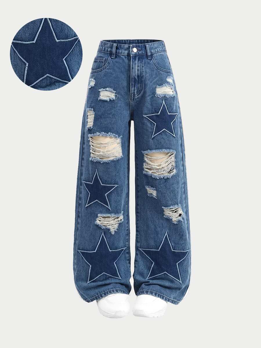 SHEIN Girlism 青少年女孩休閒水洗破洞星星刺繡牛仔褲 - 中等水洗藍 - 查看 1