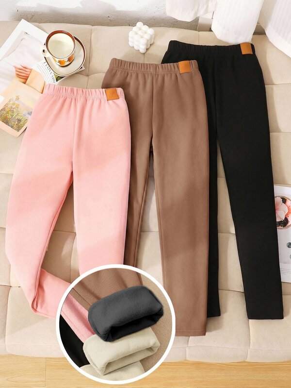 SHEIN Tween Girl Autumn/Winter All-Match Casual Versatile Thermal-Lined Thick Soft Ribbed Composite Thermal PU Leather Patch Letter Applique Leggings 3-Pack Black Grey Pink Leggings 3-Pack Comfortable All-Match Versatile Leggings 3-Pack