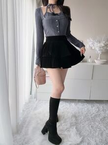FRIFUL Women's Early Summer/Autumn New Korean Solid Color Tie-Up Bow 2 In 1 Long Sleeve T-Shirt - Grey - View 9