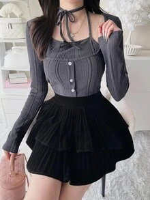 FRIFUL Women's Early Summer/Autumn New Korean Solid Color Tie-Up Bow 2 In 1 Long Sleeve T-Shirt - Grey - View 5