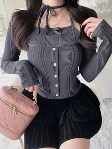 FRIFUL Women's Early Summer/Autumn New Korean Solid Color Tie-Up Bow 2 In 1 Long Sleeve T-Shirt - Grey - View 1