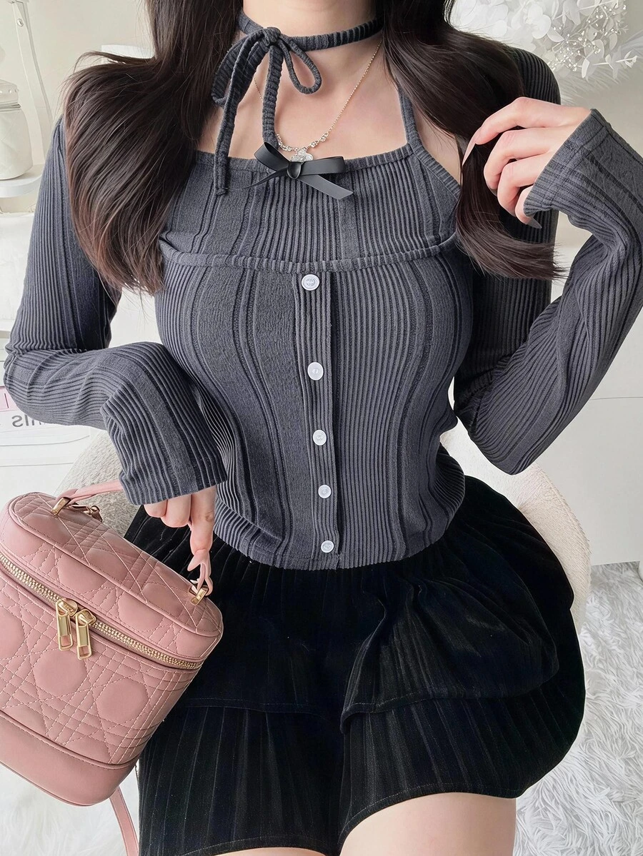 FRIFUL Women's Early Summer/Autumn New Korean Solid Color Tie-Up Bow 2 In 1 Long Sleeve T-Shirt - Grey - View 1