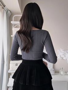 FRIFUL Women's Early Summer/Autumn New Korean Solid Color Tie-Up Bow 2 In 1 Long Sleeve T-Shirt - Grey - View 2