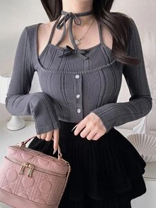 FRIFUL Women's Early Summer/Autumn New Korean Solid Color Tie-Up Bow 2 In 1 Long Sleeve T-Shirt - Grey - View 3