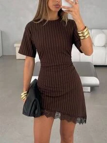 Aloruh 女款優雅小立領收腰修身蕾絲飾邊撞色緞面迷你洋裝 - 棕色 - 查看 3