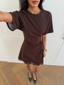 Aloruh 女款優雅小立領收腰修身蕾絲飾邊撞色緞面迷你洋裝 - 棕色 - 查看 7