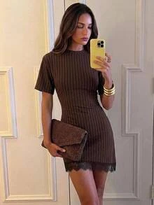 Aloruh 女款優雅小立領收腰修身蕾絲飾邊撞色緞面迷你洋裝 - 棕色 - 查看 2