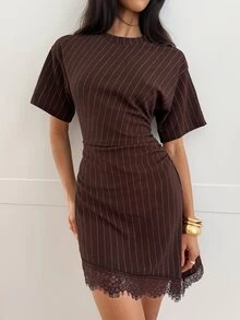 Aloruh 女款優雅小立領收腰修身蕾絲飾邊撞色緞面迷你洋裝 - 棕色 - 查看 4