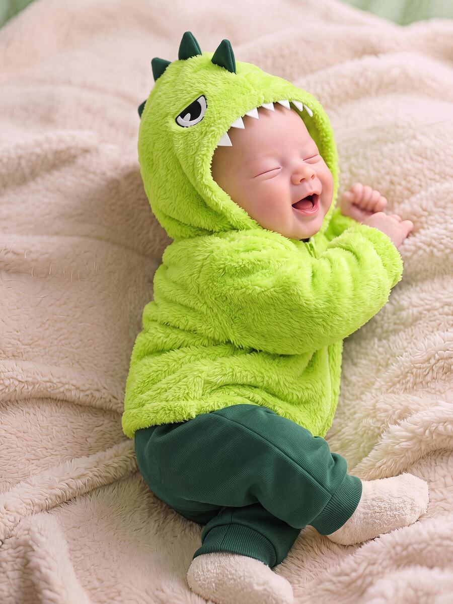 SHEIN Baby Boy Autumn/Winter Cute Cartoon Dinosaur Pattern Long Sleeve Hooded Sweatshirt & Elastic Waist Long Pants Set - Multicolor - View 1