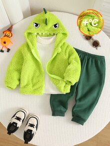 SHEIN 男嬰秋冬可愛卡通恐龍圖案長袖連帽衛衣與鬆緊腰長褲套裝 - 彩色 - 查看 1