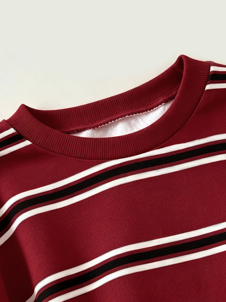 Tween Girls Vintage Marrone Color Red & White Striped Print Crew Neck Drop Shoulder Fleece Sweatshirt, Street Retro Style, Minimalist Casual Comfortable, Children Autumn Layering, Y2K, Sportswear, Outing, Street Style, Campus, Christmas, Halloween, Chill Chill - Multicolor - View 4