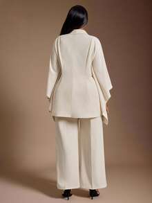 Radiana Curve Plus Size Women's Autumn Winter Elegant Curve Minimalist Old Money Style Solid Color Double-Breasted Batwing Sleeve Cape Jacket Trousers 2-Piece Set - Apricot - View 2