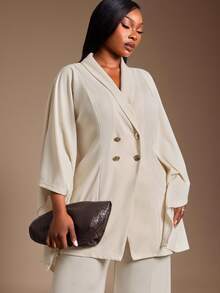 Radiana Curve Plus Size Women's Autumn Winter Elegant Curve Minimalist Old Money Style Solid Color Double-Breasted Batwing Sleeve Cape Jacket Trousers 2-Piece Set - Apricot - View 4