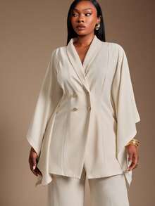 Radiana Curve Plus Size Women's Autumn Winter Elegant Curve Minimalist Old Money Style Solid Color Double-Breasted Batwing Sleeve Cape Jacket Trousers 2-Piece Set - Apricot - View 5