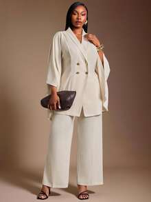 Radiana Curve Plus Size Women's Autumn Winter Elegant Curve Minimalist Old Money Style Solid Color Double-Breasted Batwing Sleeve Cape Jacket Trousers 2-Piece Set - Apricot - View 3