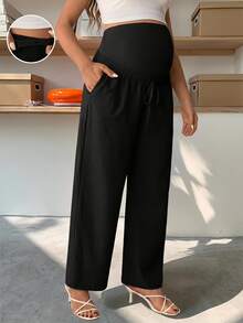 SHEIN 孕妇休闲可调节腰部抽绳蝴蝶结腹部支撑直筒高腰裤 - 黑色 - 查看 1