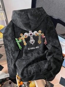 Manfinity EMRG 男士十字印花長袖連帽仿雪洗衛衣 - 黑色 - 查看 3
