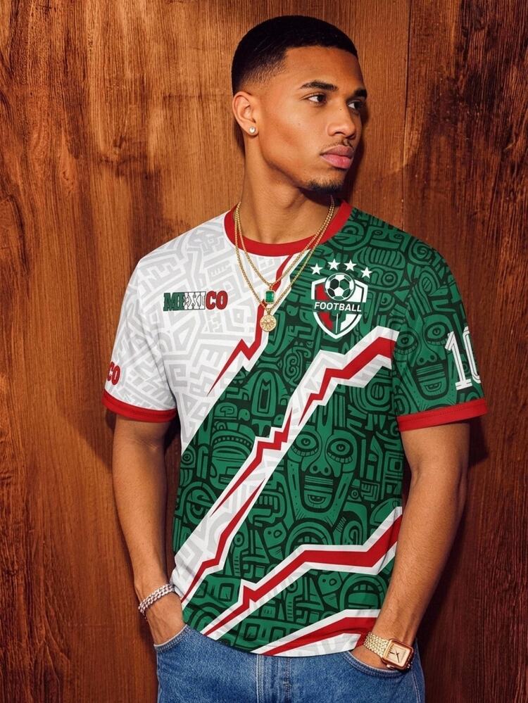 Aesthetic Post メキシコサッカープリント 半袖ジャージ、赤と白の