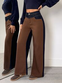 Flexra Women's Vintage Patchwork Design Loose Wide Leg Denim Jeans - Multicolor - View 5