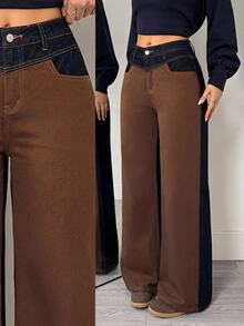 Flexra Women's Vintage Patchwork Design Loose Wide Leg Denim Jeans - Multicolor - View 9